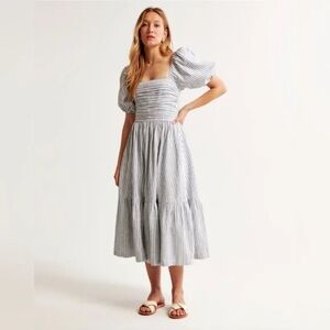 Abercrombie & Fitch Emerson Linen-Blend Puff Sleeve Midi Dress - Striped - Large
